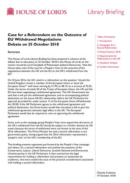 Case for a Referendum on the Outcome of EU Withdrawal