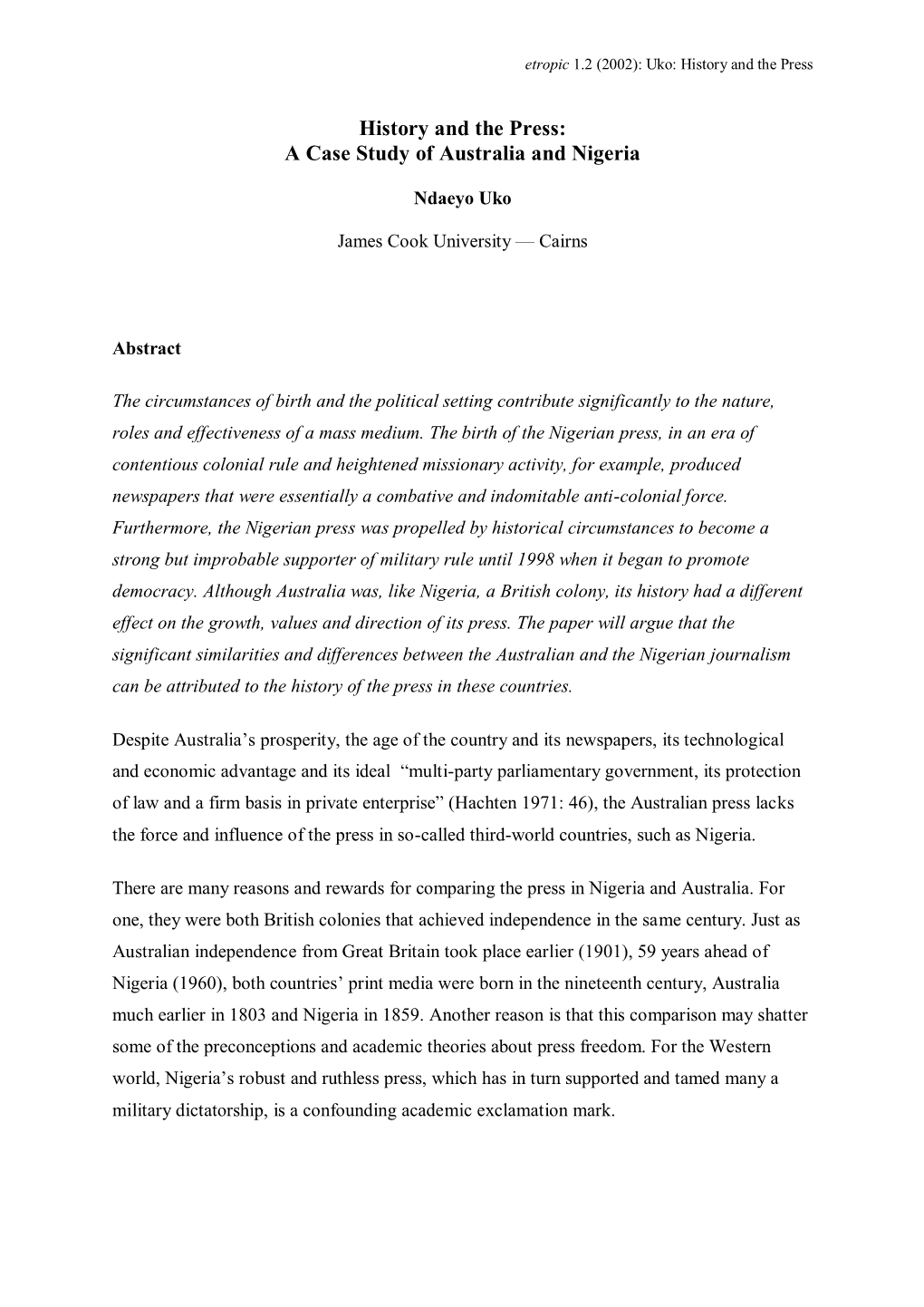 History and the Press: a Case Study of Australia and Nigeria