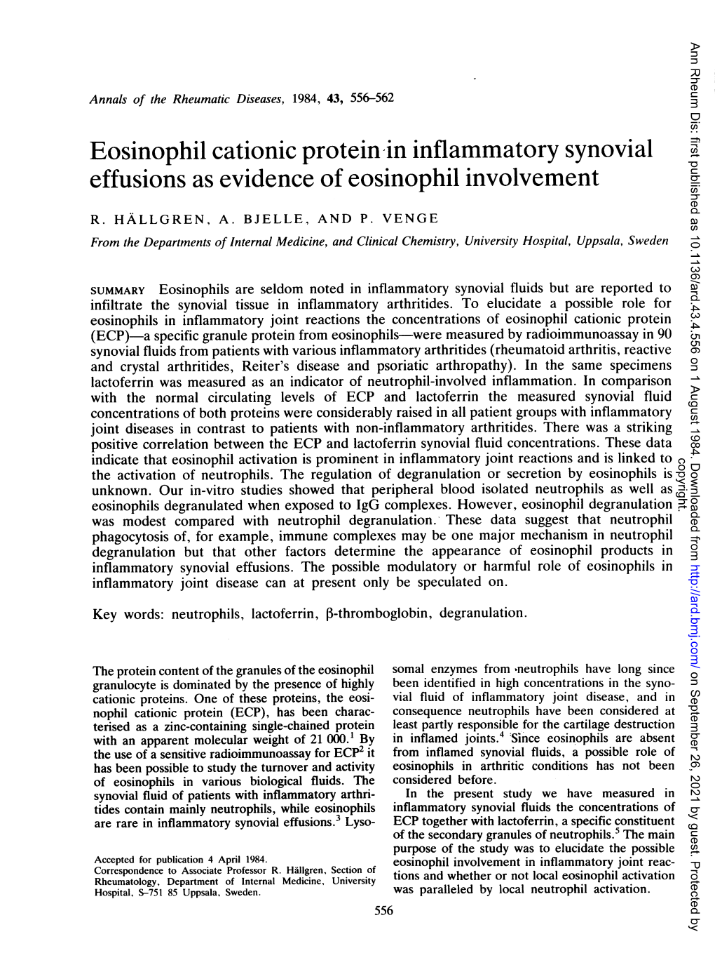 Eosinophil Cationic Protein in Inflammatory Synovial Effusions As Evidence of Eosinophil Involvement