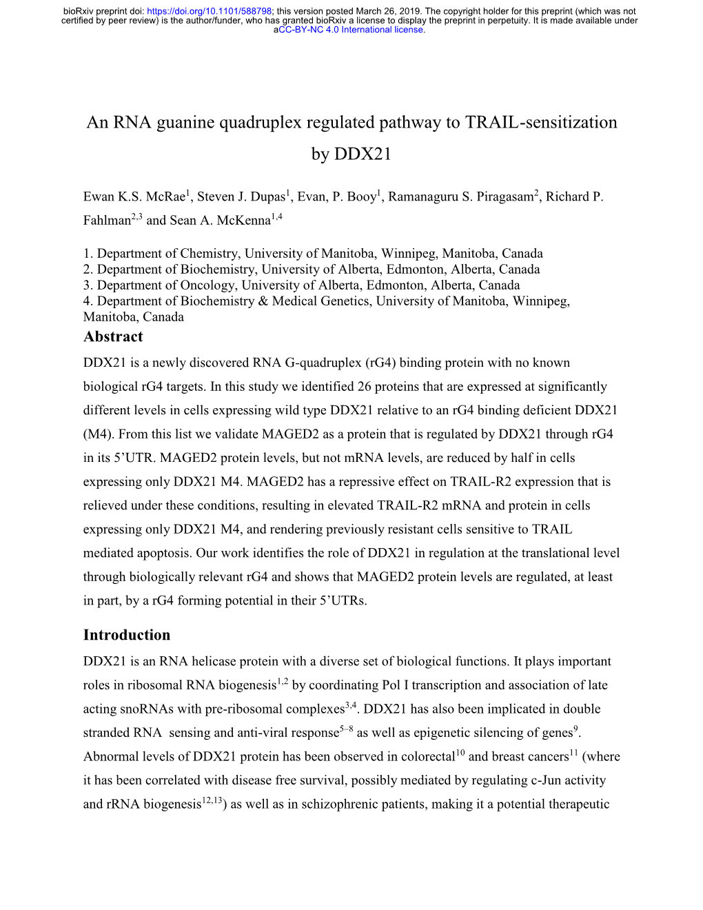 An RNA Guanine Quadruplex Regulated Pathway to TRAIL-Sensitization by DDX21