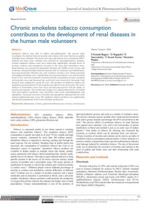 Chronic Smokeless Tobacco Consumption Contributes to the Development of Renal Diseases in the Human Male Volunteers