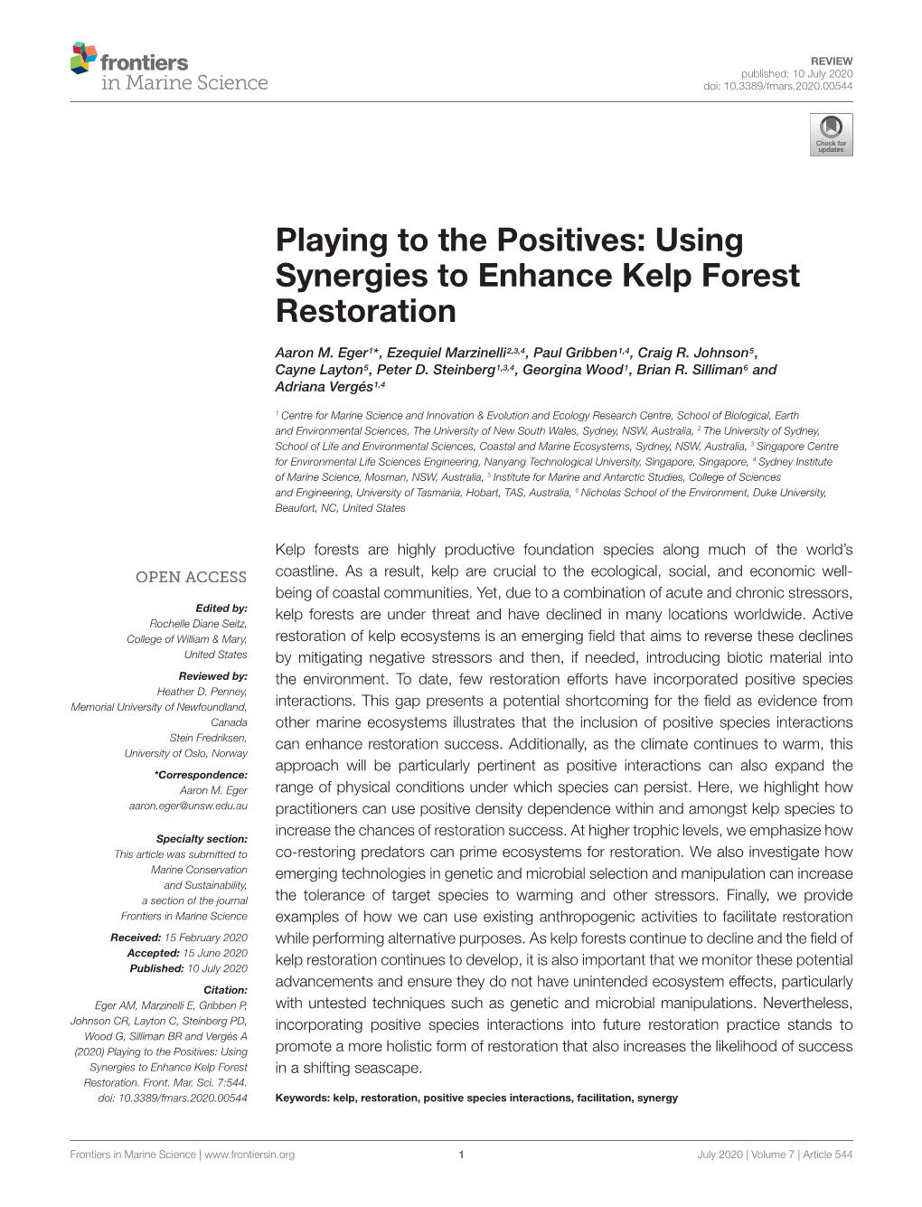 Using Synergies to Enhance Kelp Forest Restoration