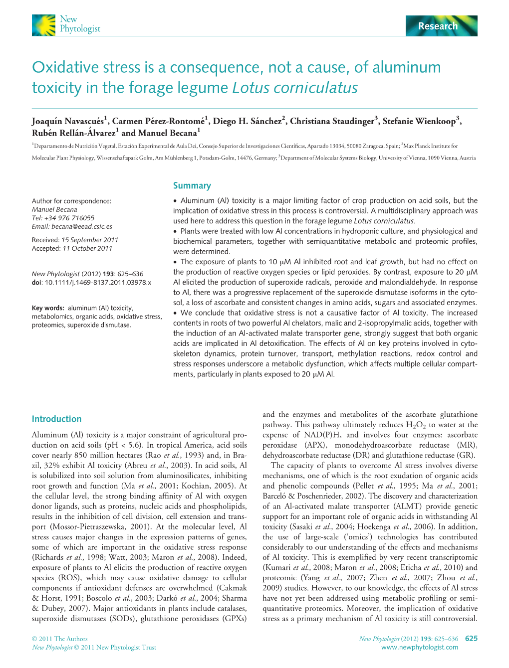 Oxidative Stress Is a Consequence, Not a Cause, of Aluminum Toxicity in the Forage Legume Lotus Corniculatus