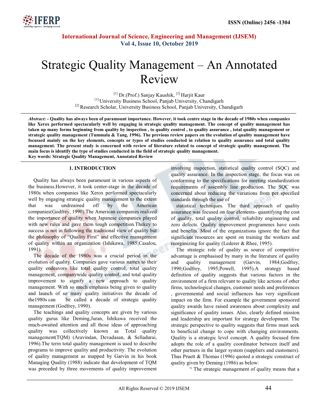 Strategic Quality Management – an Annotated Review