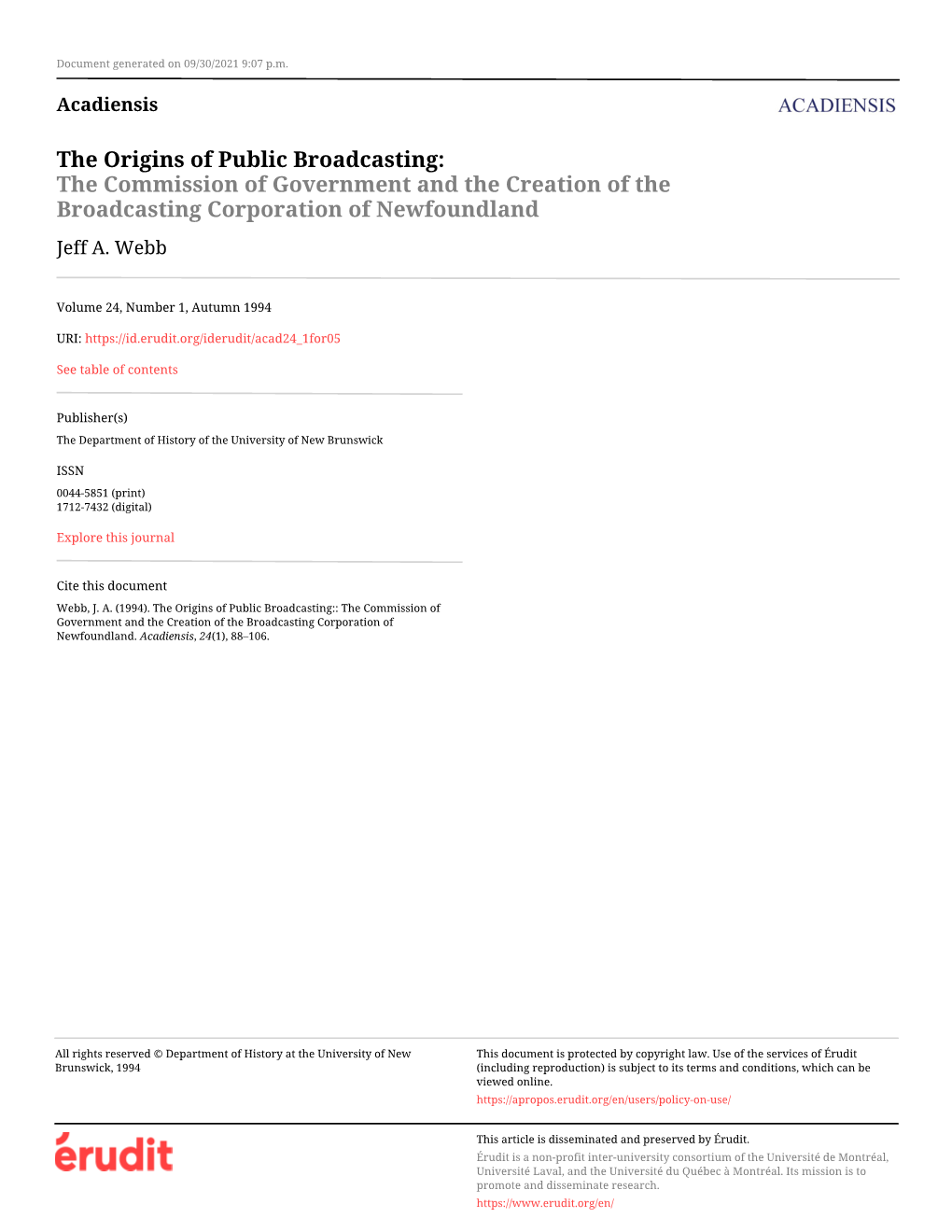 The Commission of Government and the Creation of the Broadcasting Corporation of Newfoundland Jeff A