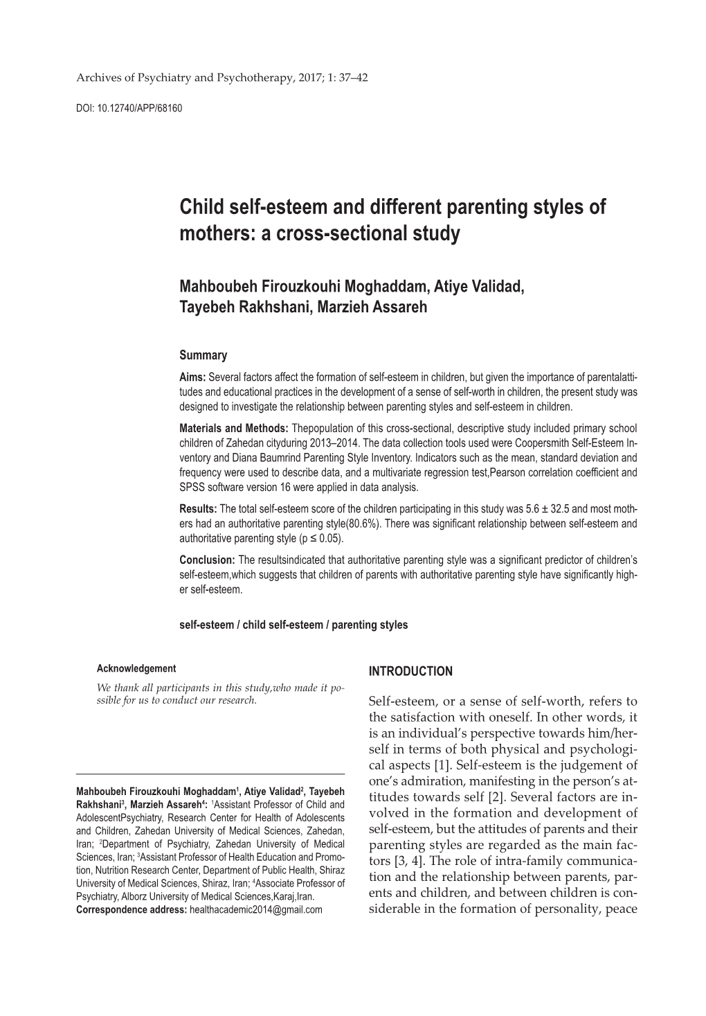 Child Self-Esteem and Different Parenting Styles of Mothers: a Cross-Sectional Study