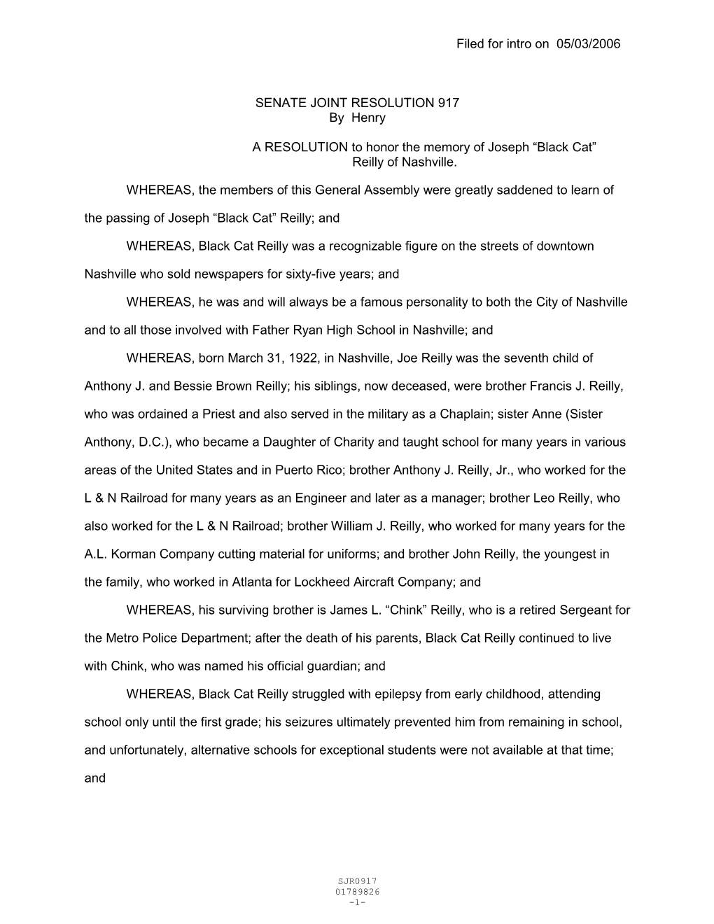 Filed for Intro on 05/03/2006 SENATE JOINT RESOLUTION 917 by Henry
