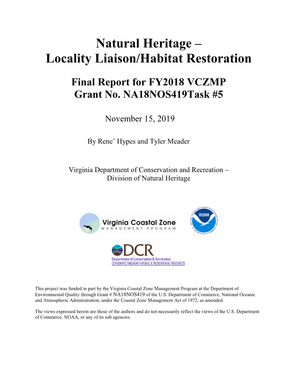 Natural Heritage – Locality Liaison/Habitat Restoration