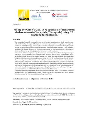 Filling the Olson's Gap? a Re-Appraisal of Raranimus Dashankouensis (Synapsida, Therapsida) Using CT Scanning Technologies
