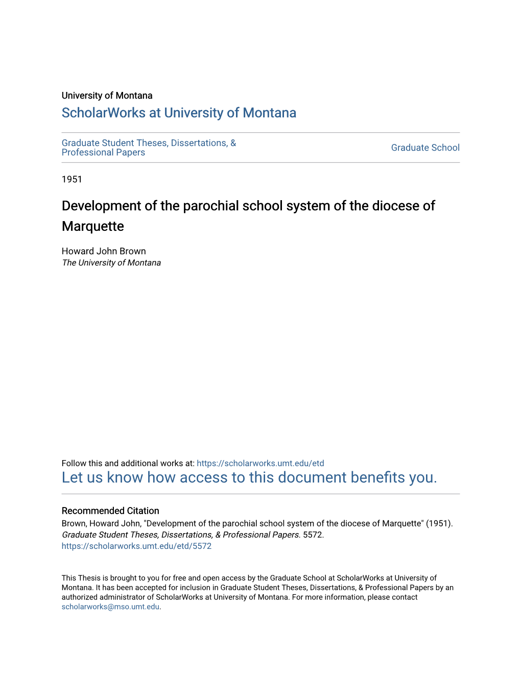 Development of the Parochial School System of the Diocese of Marquette