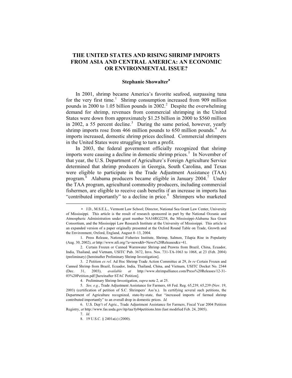 The United States and Rising Shrimp Imports from Asia and Central America: an Economic Or Environmental Issue?