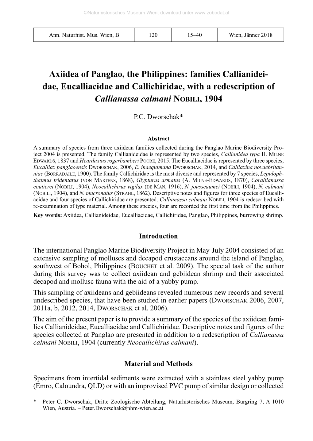 Axiidea of Panglao, the Philippines: Families Callianidei- Dae, Eucalliacidae and Callichiridae, with a Redescription of ­Callianassa Calmani Nobili, 1904