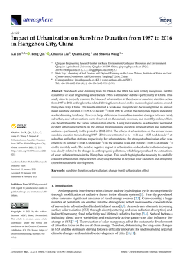 Impact of Urbanization on Sunshine Duration from 1987 to 2016 in Hangzhou City, China