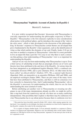 Thrasymachus' Sophistic Account of Justice in Republic I