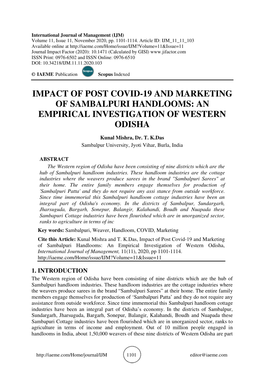 Impact of Post Covid-19 and Marketing of Sambalpuri Handlooms: an Empirical Investigation of Western Odisha