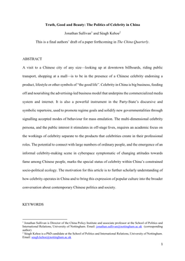 The Politics of Celebrity in China Jonathan Sullivan1 and Séagh