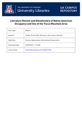Literature Review and Ethnohistory of Native American Occupancy and Use of the Yucca Mountain Area