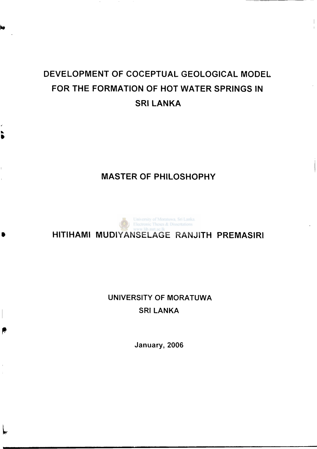 Development of Coceptual Geological Model for the Formation of Hot Water Springs in Sri Lanka