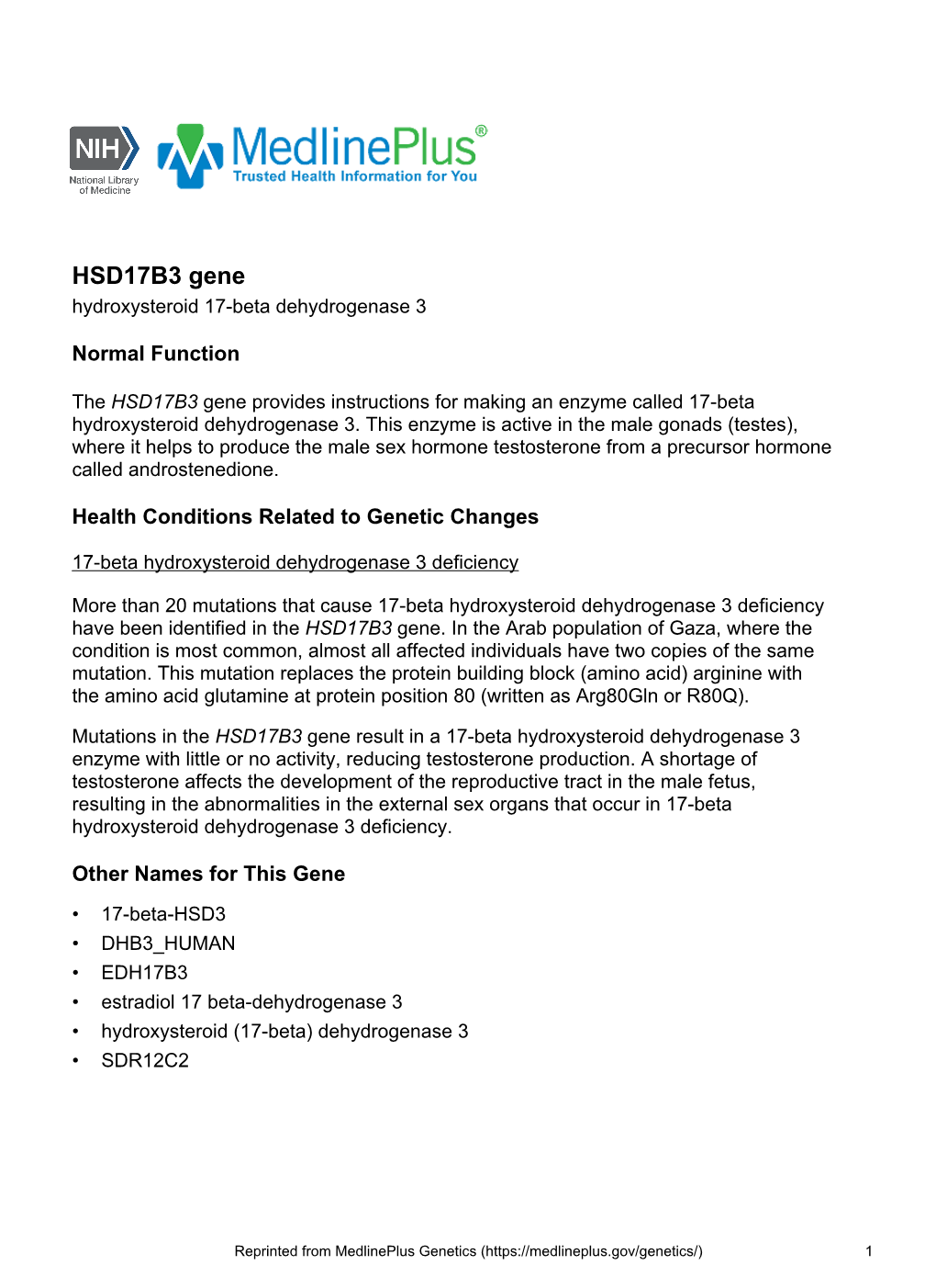 HSD17B3 Gene Hydroxysteroid 17-Beta Dehydrogenase 3