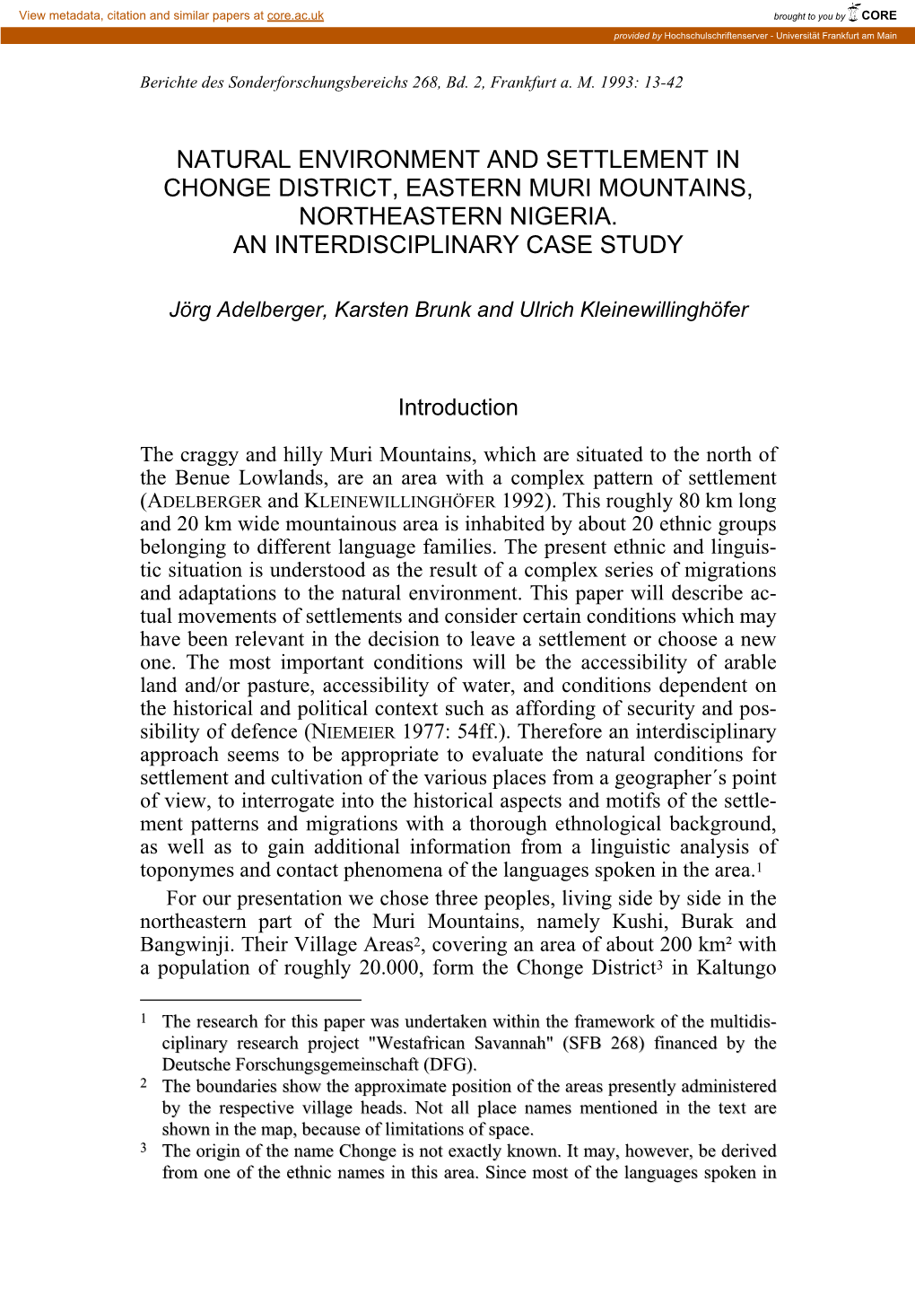 Natural Environment and Settlement in Chonge District, Eastern Muri Mountains, Northeastern Nigeria. an Interdisciplinary Case Study