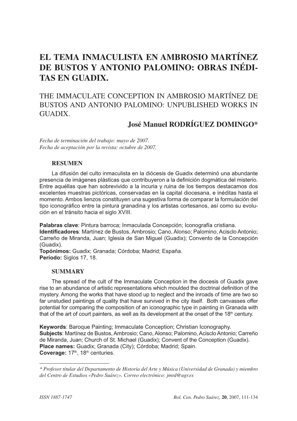 El Tema Inmaculista En Ambrosio Martínez De Bustos Y Antonio Palomino: Obras Inédi- Tas En Guadix