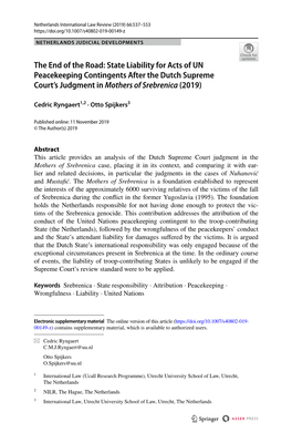The End of the Road: State Liability for Acts of UN Peacekeeping Contingents After the Dutch Supreme Court’S Judgment in Mothers of Srebrenica (2019)