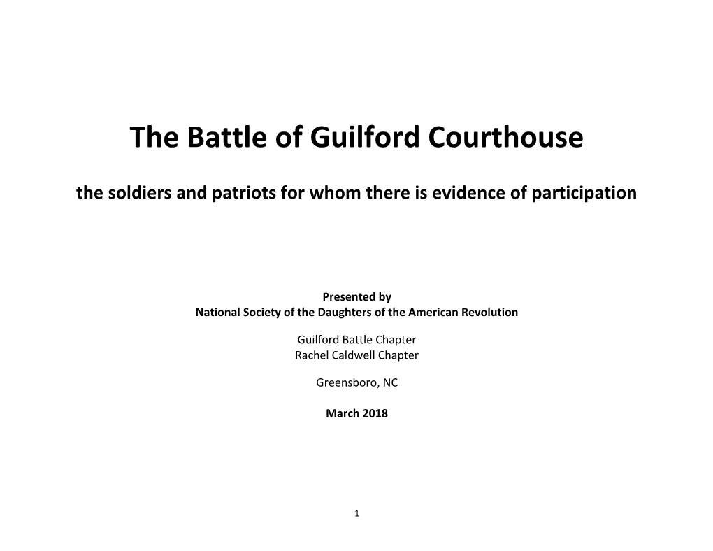 The Battle of Guilford Courthouse the Soldiers and Patriots for Whom There Is Evidence of Participation