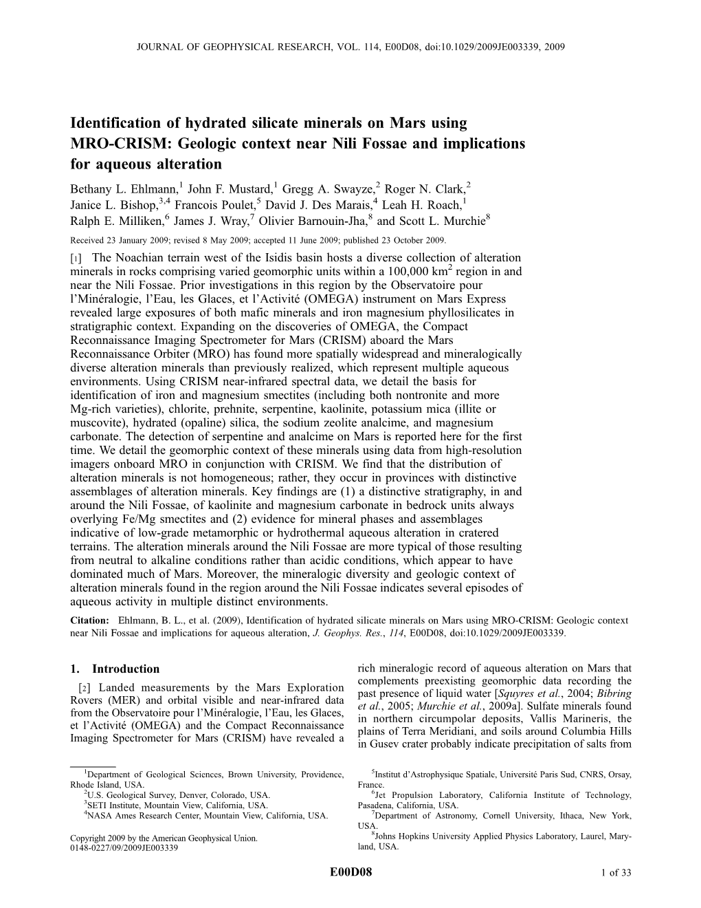 Identification of Hydrated Silicate Minerals on Mars Using MRO-CRISM: Geologic Context Near Nili Fossae and Implications for Aqueous Alteration Bethany L