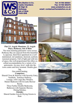 Flat 3/1, Argyle Mansions, 23, Argyle Place, Rothesay, Isle of Bute The