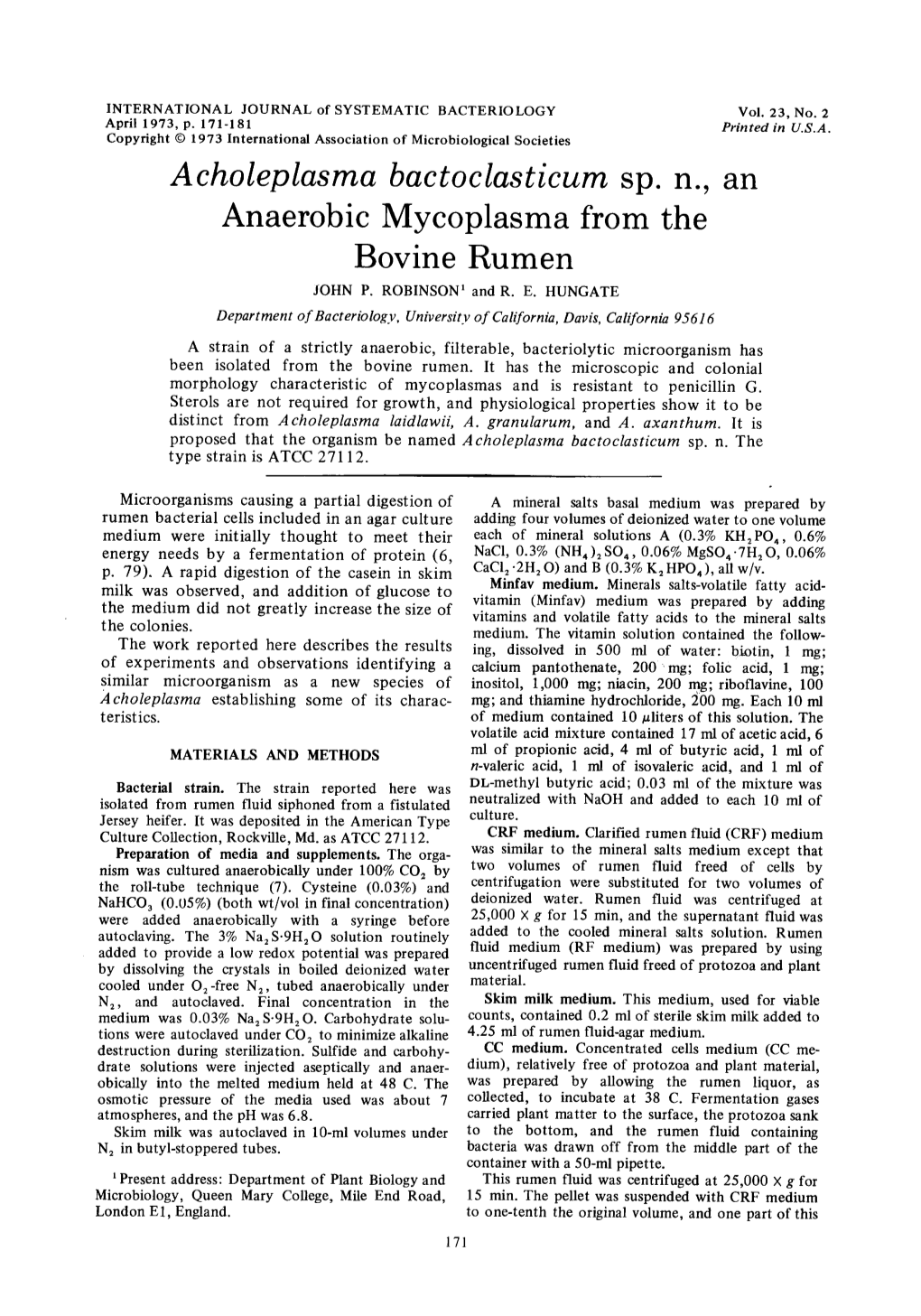 Acholeplasma Bactoclasticum Sp. N., an Anaerobic Mycoplasma from the Bovine Rumen JOHN P