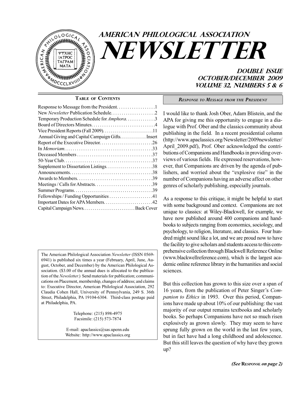 October-December 2009 Newsletter