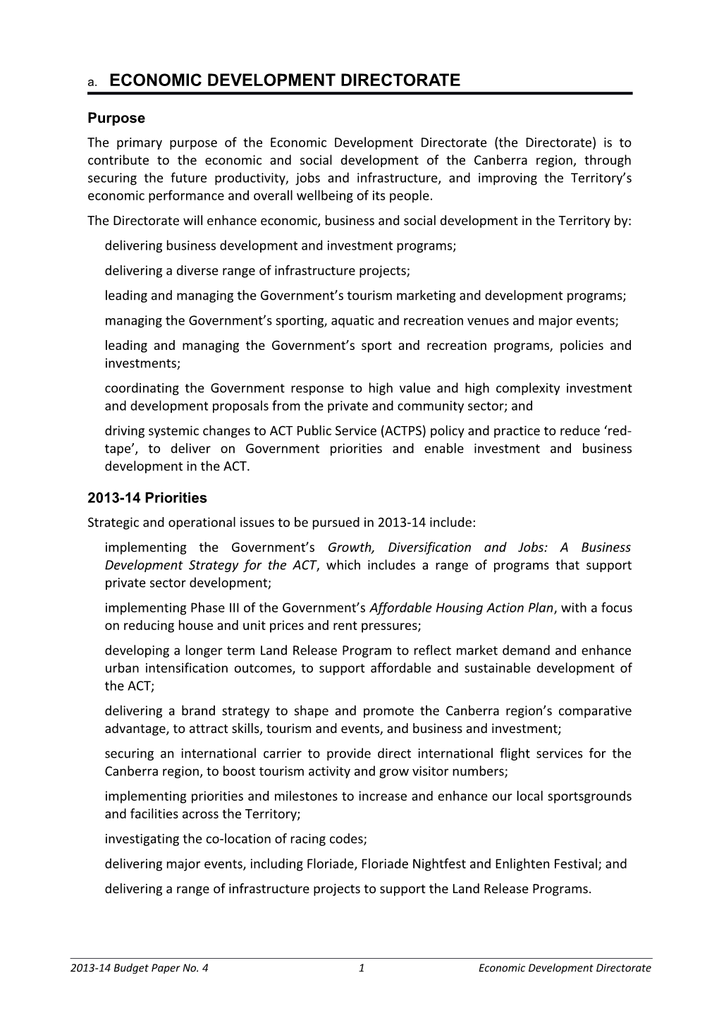 2013-14 Budget Paper 4: Economic Development Directorate