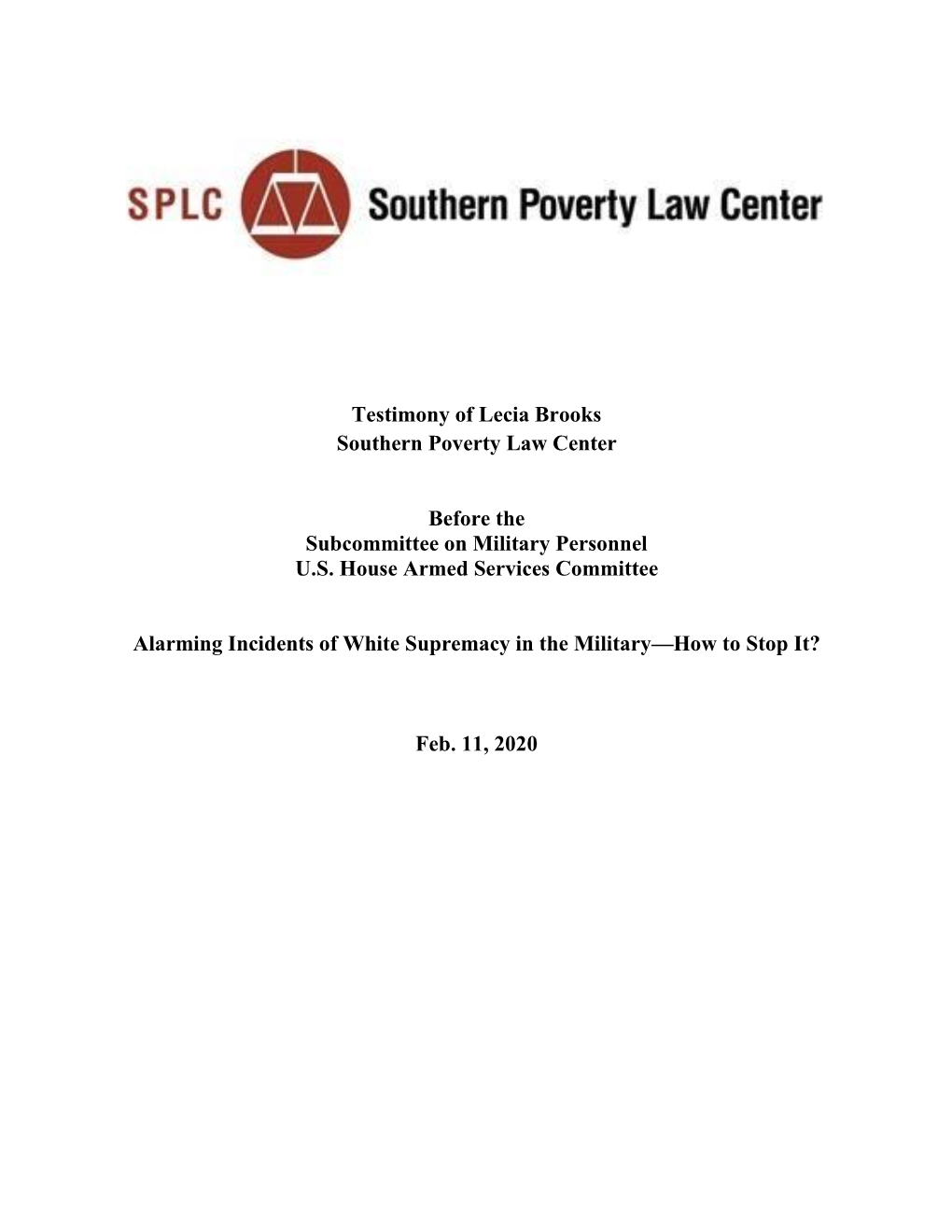 Testimony of Lecia Brooks Southern Poverty Law Center Before The