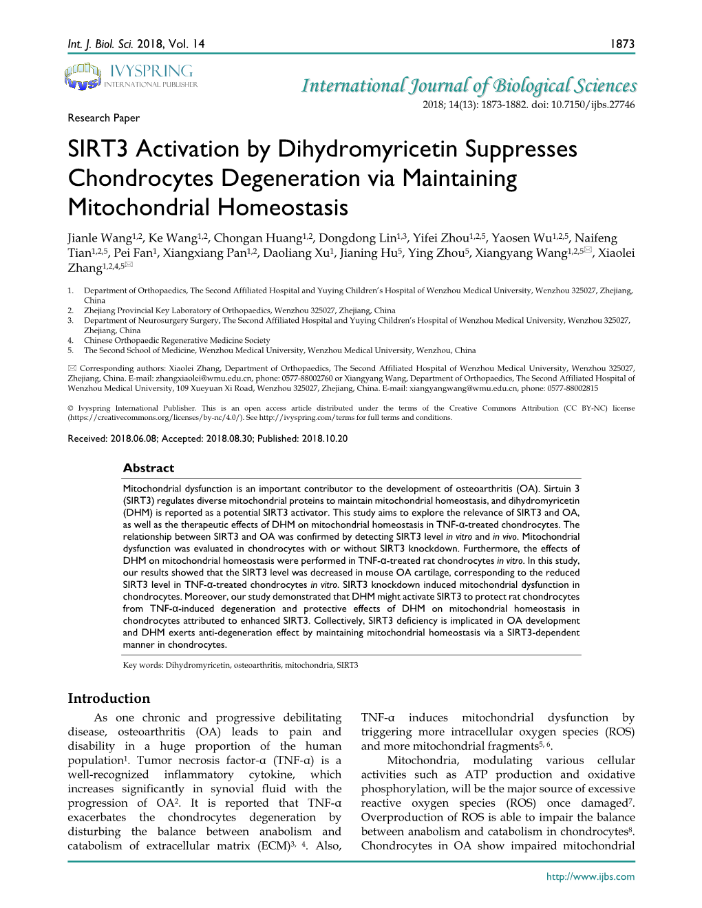 SIRT3 Activation by Dihydromyricetin Suppresses Chondrocytes