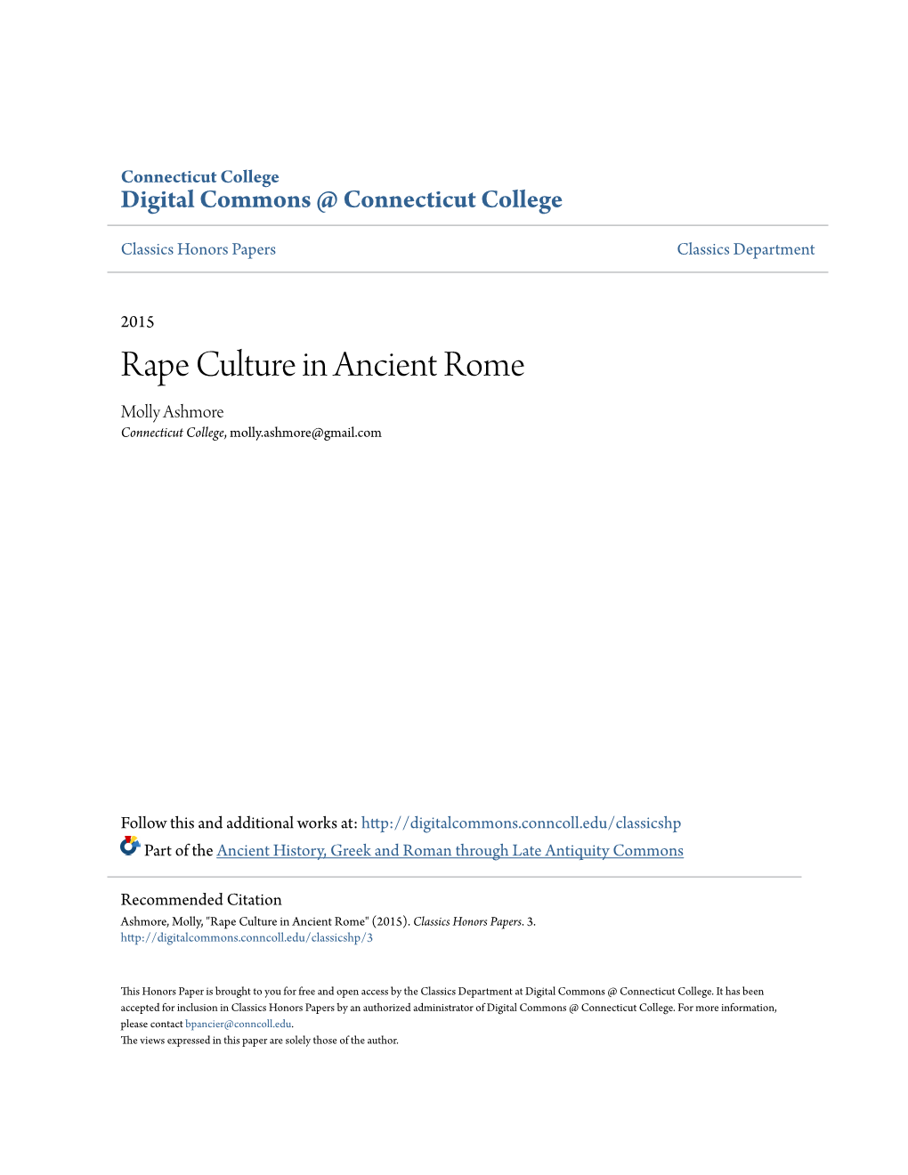 Rape Culture in Ancient Rome Molly Ashmore Connecticut College, Molly.Ashmore@Gmail.Com