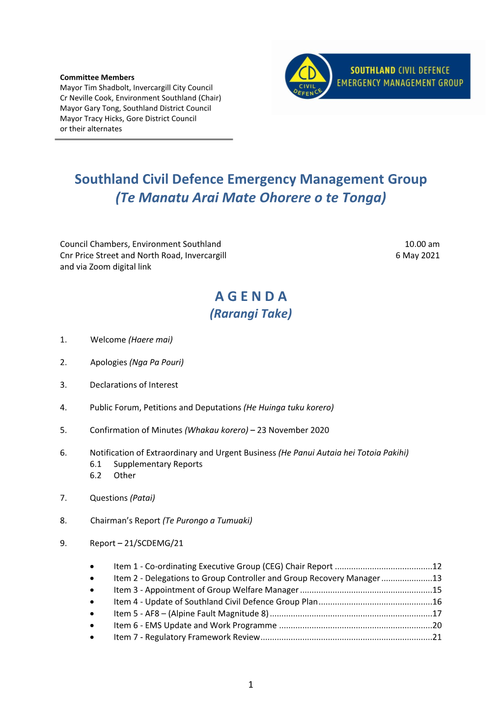 Southland Civil Defence Emergency Management Group Agenda