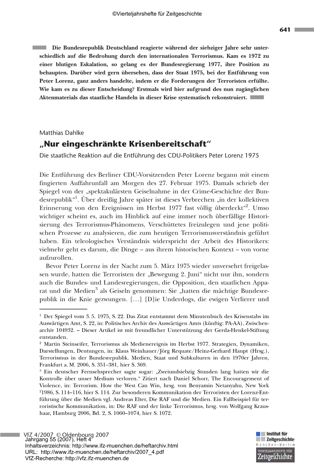 Die Staatliche Reaktion Auf Die Entführung Des CDU-Politikers Peter Lorenz 1975