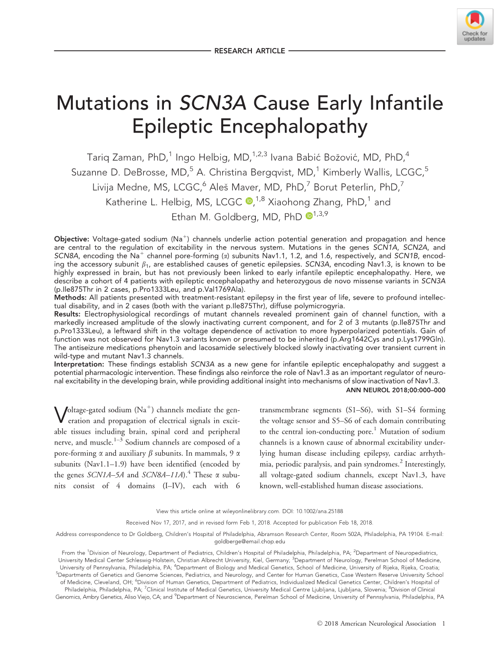 Mutations in SCN3A Cause Early Infantile Epileptic Encephalopathy