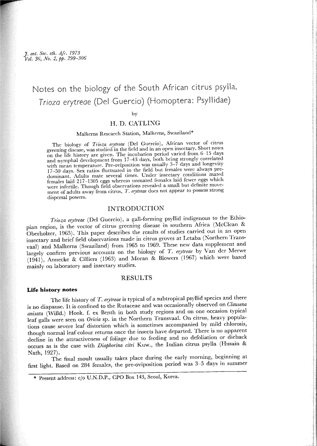 Notes on the Biology of the South African Citrus Psylla, Triozo Erytreoe (Del Guercio) (Homoptera: Psyllidae)