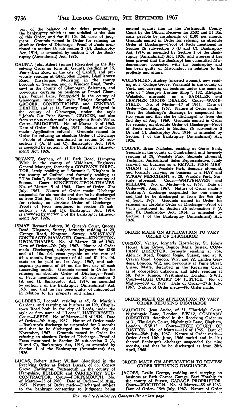 9736 the London Gazette, Sth September 1967