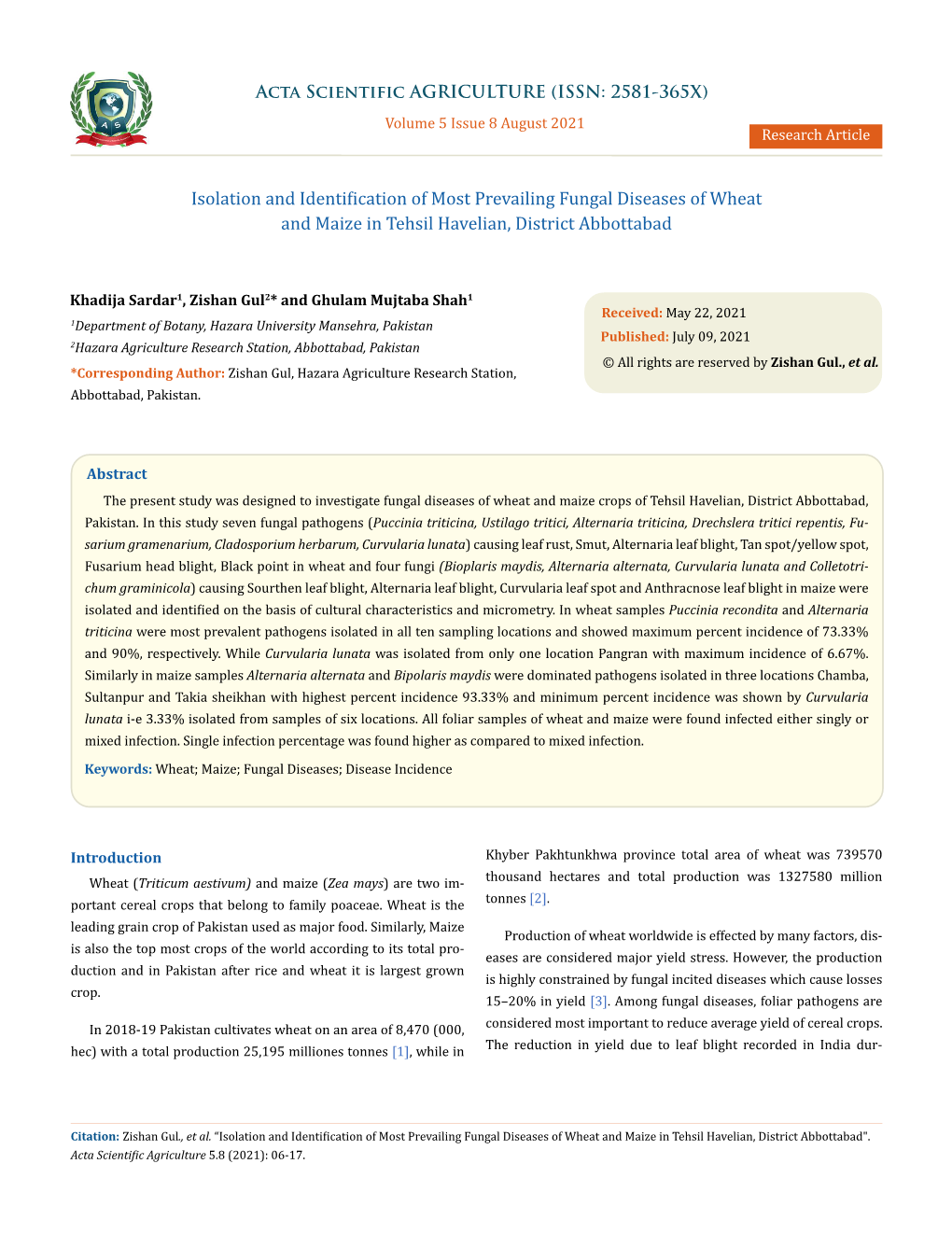 Isolation and Identification of Most Prevailing Fungal Diseases of Wheat and Maize in Tehsil Havelian, District Abbottabad