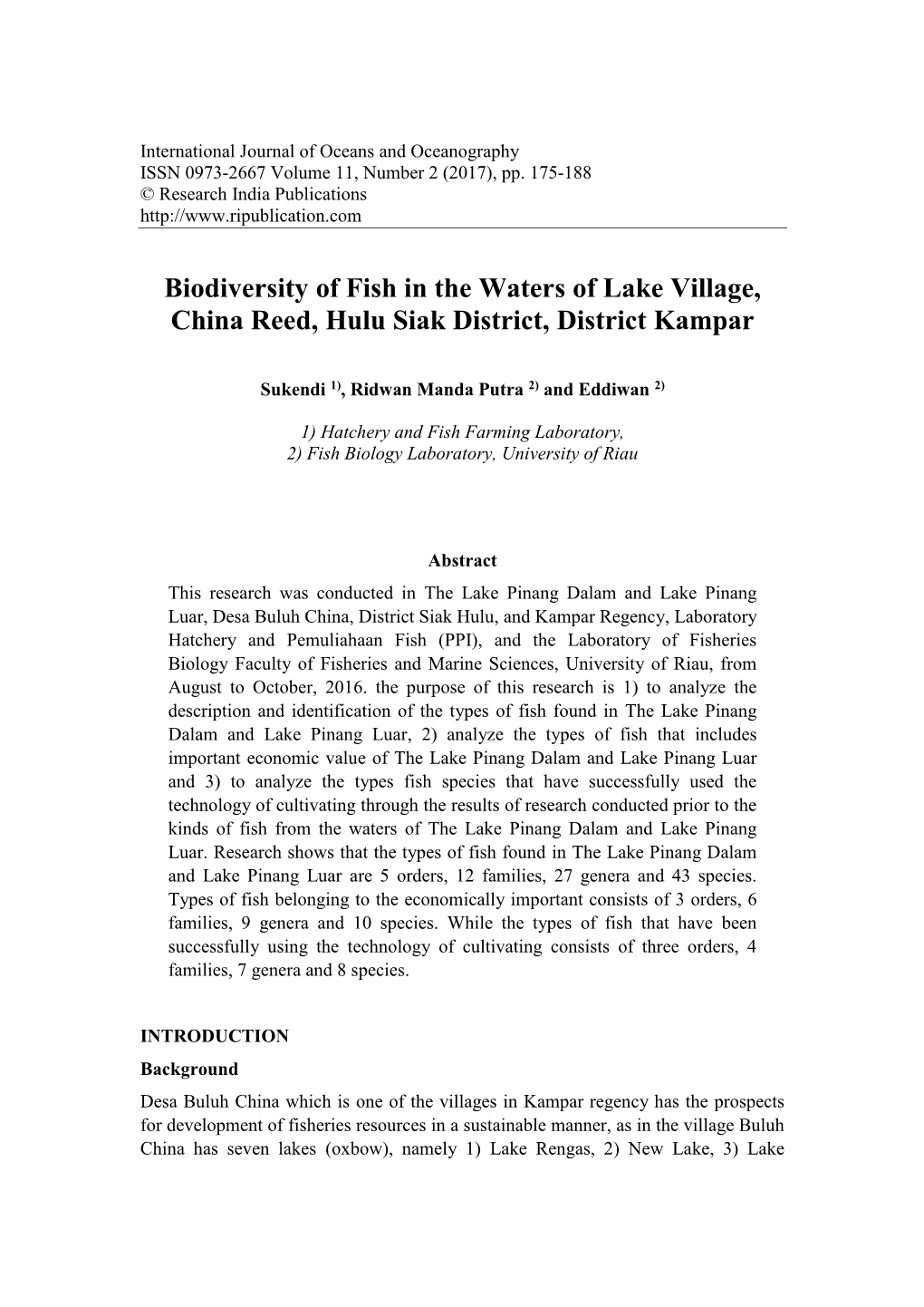 Biodiversity of Fish in the Waters of Lake Village, China Reed, Hulu Siak District, District Kampar