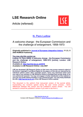 A Welcome Change: the European Commission and the Challenge of Enlargement, 1958-1973