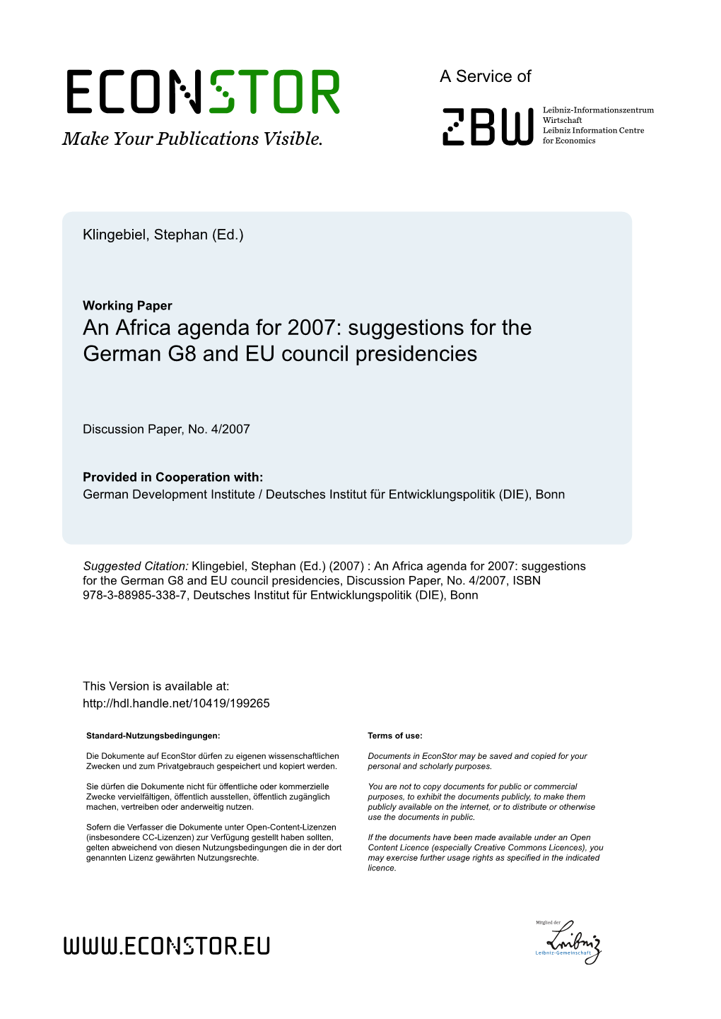 Africa Agenda for 2007: Suggestions for the German G8 and EU Council Presidencies