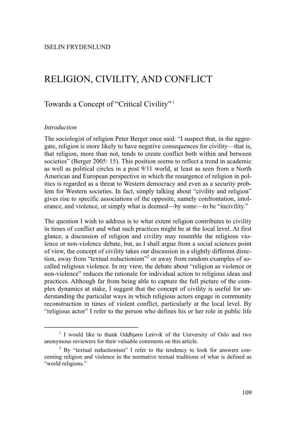 Religion, Civility, and Conflict