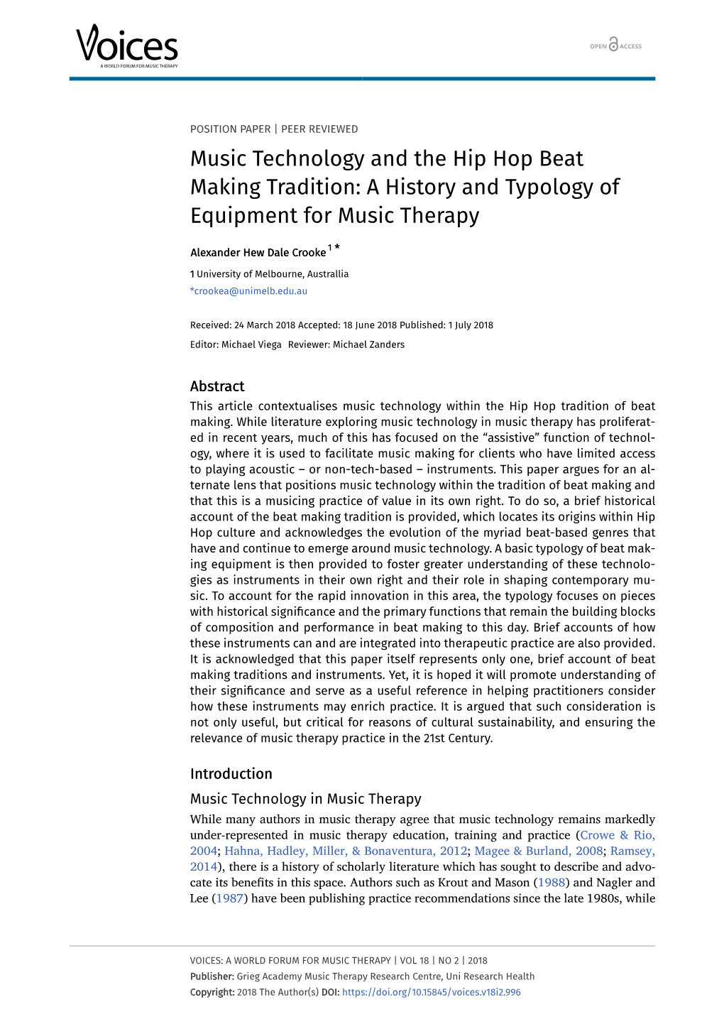 Music Technology and the Hip Hop Beat Making Tradition: a History and Typology of Equipment for Music Therapy