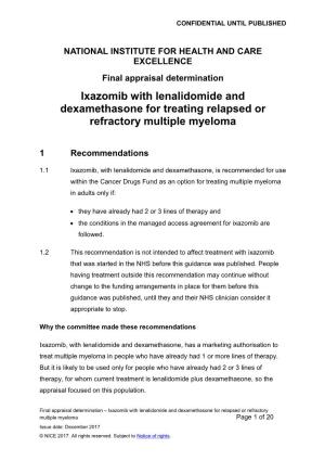 Ixazomib with Lenalidomide and Dexamethasone for Treating Relapsed Or Refractory Multiple Myeloma