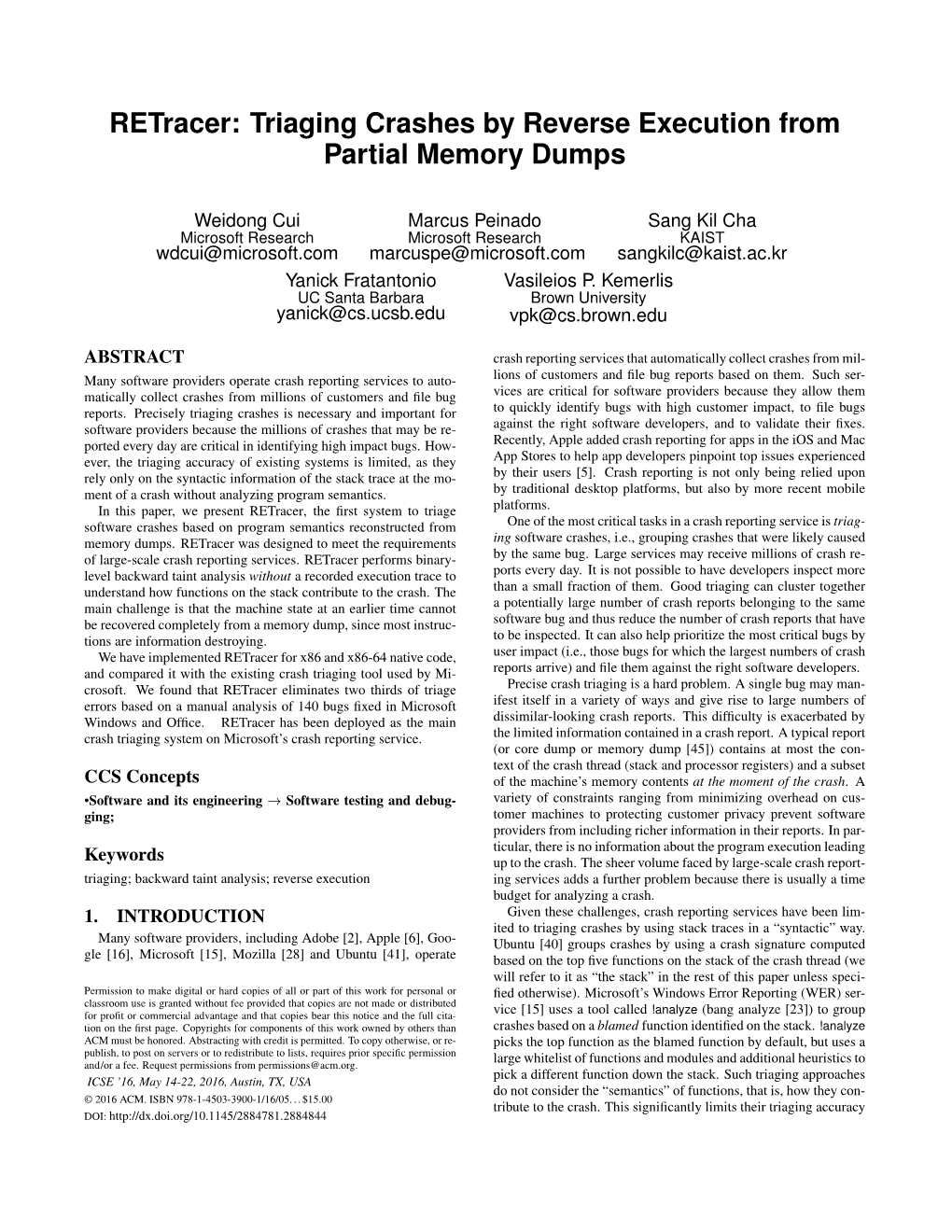 Retracer: Triaging Crashes by Reverse Execution from Partial Memory Dumps