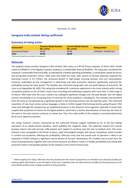 Saregama India Limited: Rating Reaffirmed Summary of Rating Action
