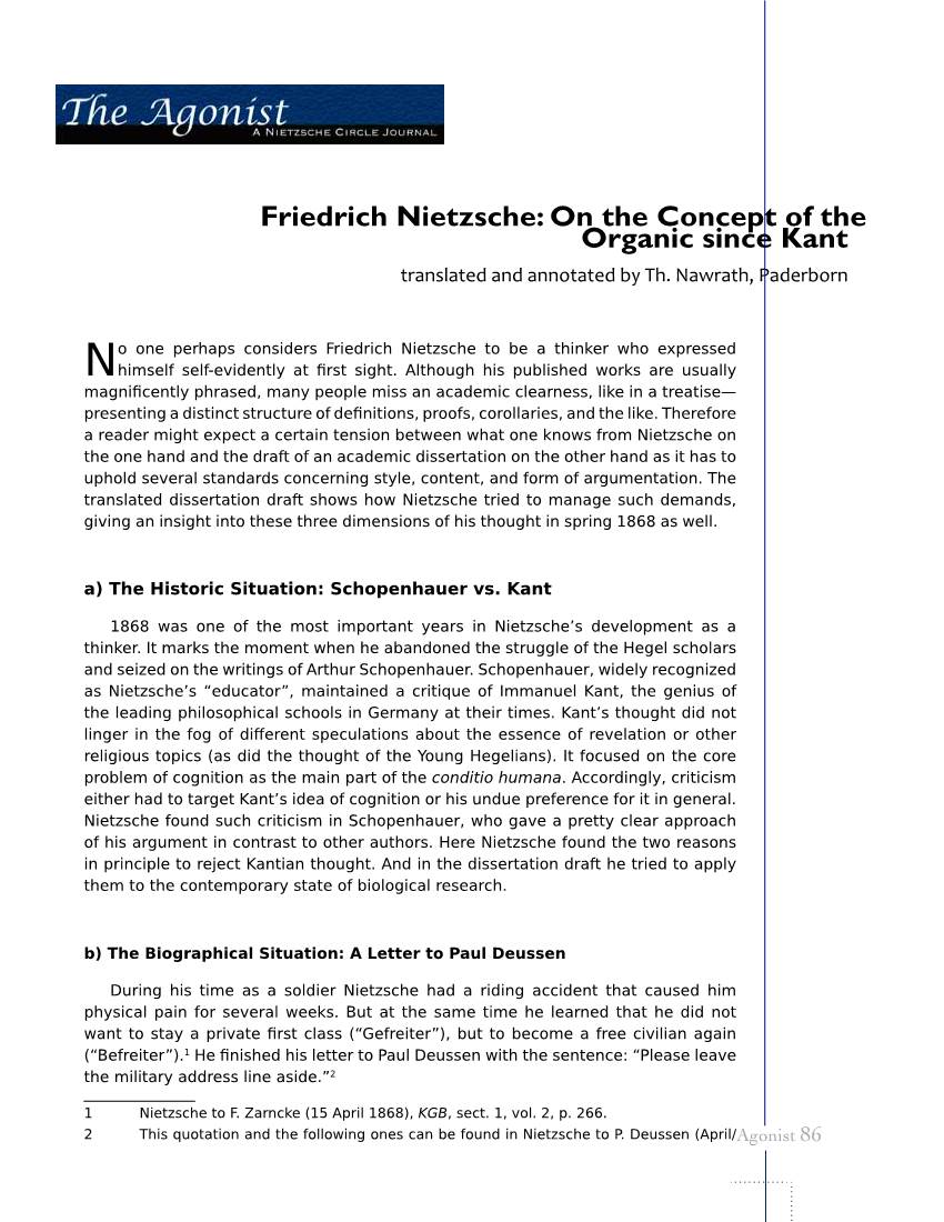 Friedrich Nietzsche: on the Concept of the Organic Since Kant Translated and Annotated by Th